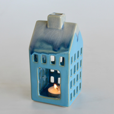 Small Blue Ceramic House Candle Holder